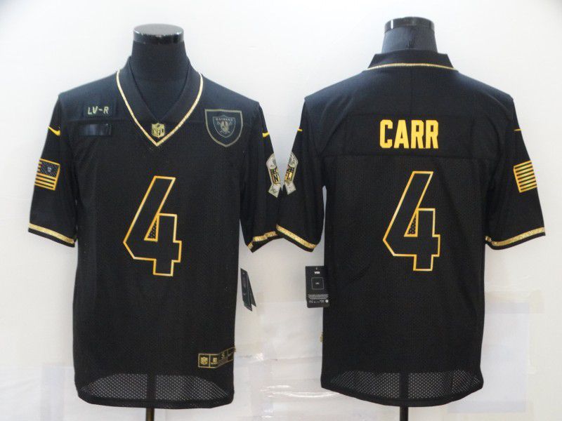 Men Oakland Raiders #4 Carr Black Retro Gold Lettering 2020 Nike NFL Jersey